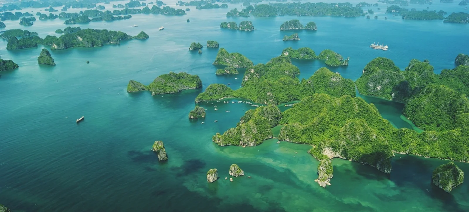 Islas de piedra caliza cubiertas de verde en la bahía de Ha Long