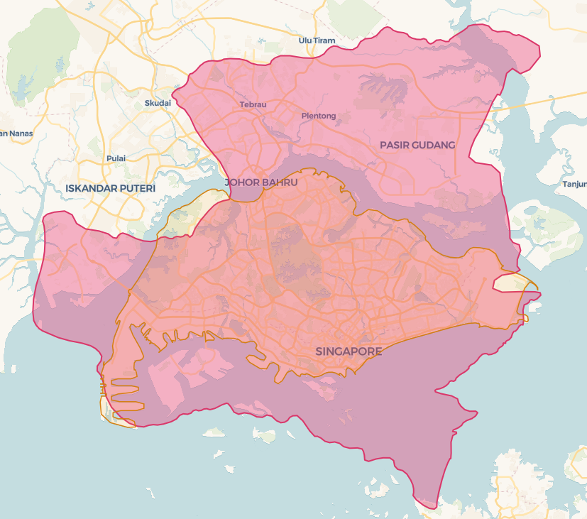 Mapa con los contornos de Los Ángeles y Singapur superpuestos para comparar su tamaño.